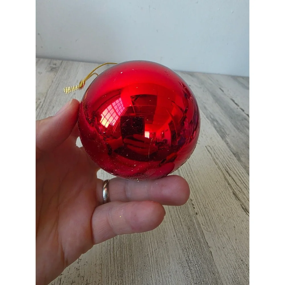 Vintage Kurt Adler red indent ball gold glitter ornament glass Xmas tree
